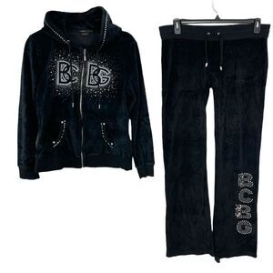 Vintage BCBGMaxAzria Velour Bling 2 Piece Sweatsuit Y2K Retro Black Size MEDIUM